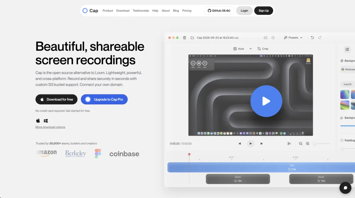 Cap screen recorder showing the record interface and shareable link output