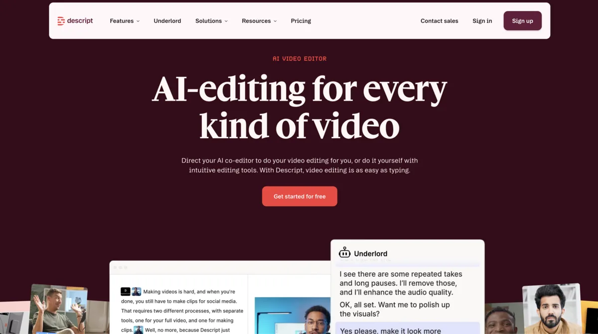 Descript editor showing transcript-based video editing with filler word removal