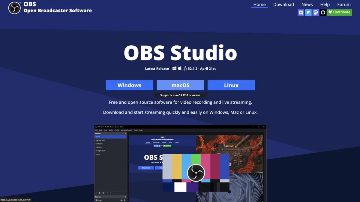 OBS Studio — Free and open source software for video recording and live streaming.